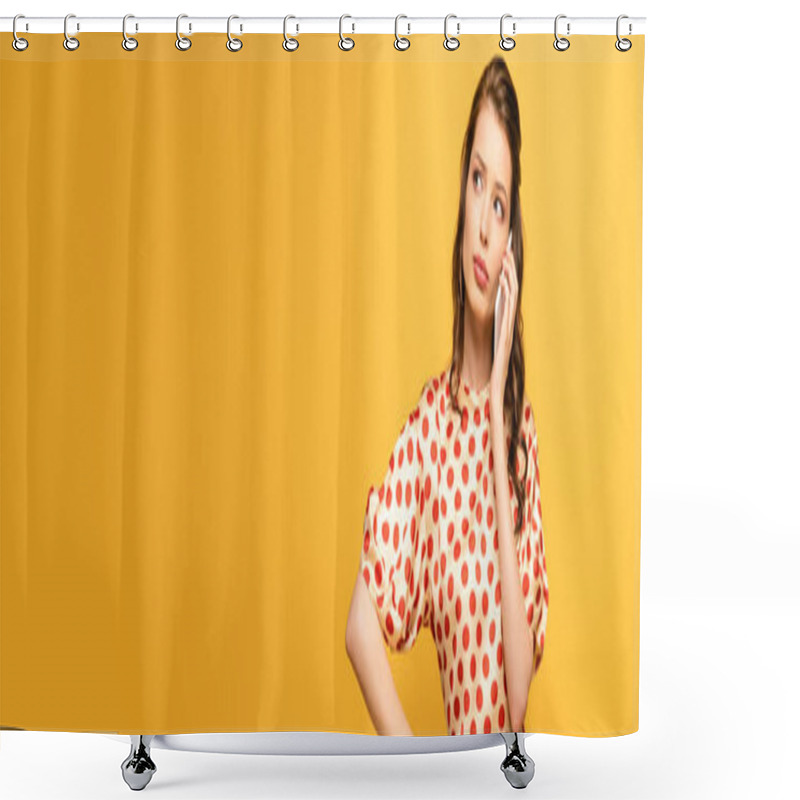 Personality  Panoramic Shot Of Thoughtful Young Woman Looking Away While Talking On Smartphone Isolated On Yellow Shower Curtains