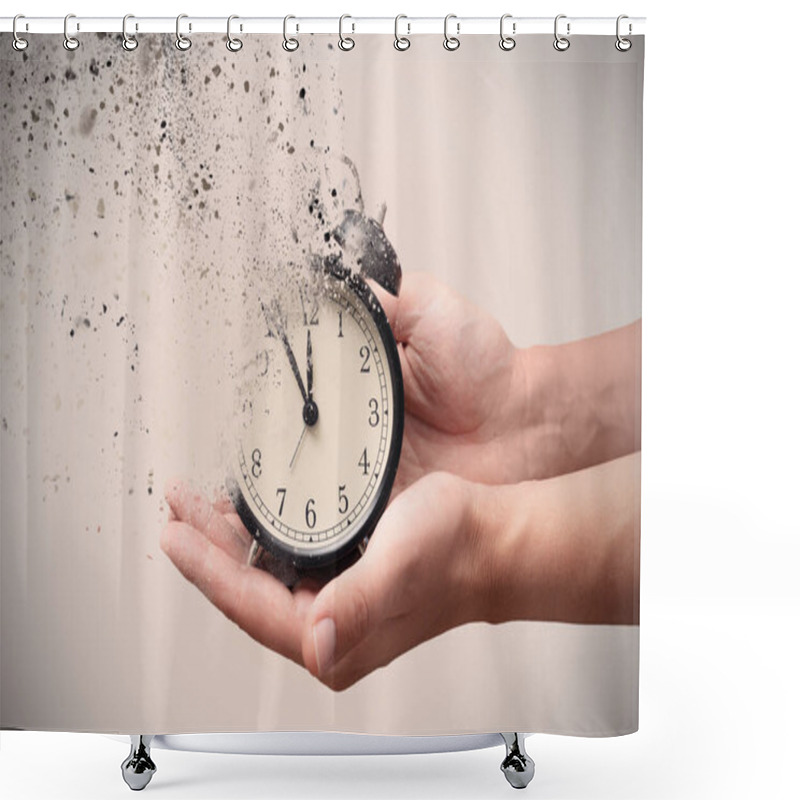 Personality  Concept Of Passing Away, The Clock Breaks Down Into Pieces. Old Alarm Clock In Hands. Shower Curtains