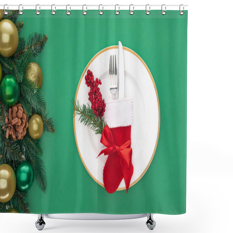 Personality  Flat Lay With Red Berries And Fork With Knife In Christmas Sock On Plate Near Evergreen Branches With Christmas Balls Isolated On Green Shower Curtains