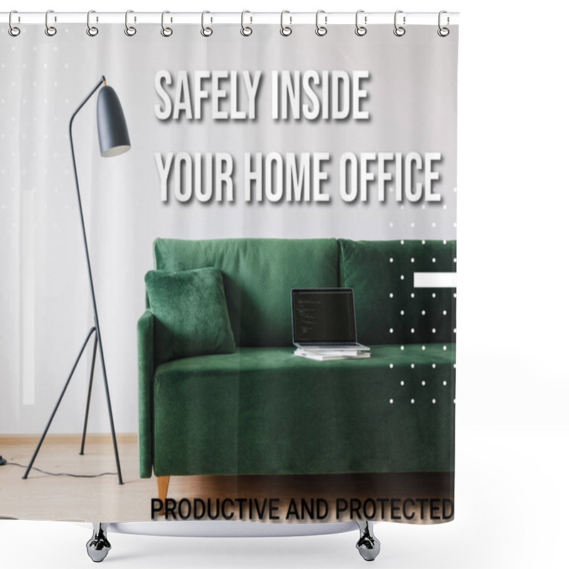 Personality  KYIV, UKRAINE - APRIL 14, 2020: Green Sofa And Laptop With Javascript On Screen Near Floor Lamp And Safely Inside Your Home Office, Productive And Protected Lettering  Shower Curtains