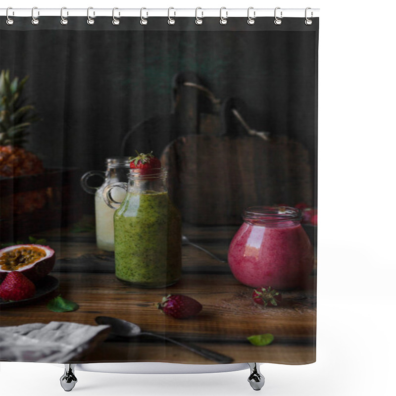 Personality  Delicious Detox Smoothies On Rustic Wooden Board With Berries And Fruits Shower Curtains