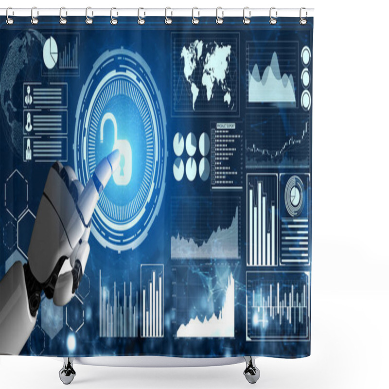 Personality  3D Rendering Futuristic Robot Technology Development, Artificial Intelligence AI, And Machine Learning Concept. Global Robotic Bionic Science Research For Future Of Human Life. Shower Curtains