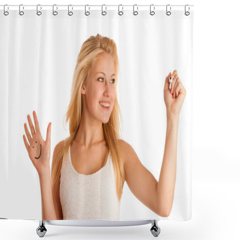 Personality  Young Blonde Business Woman With Blue Eyes, Writes On A Glass Ta Shower Curtains