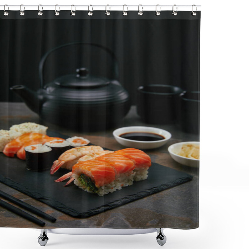 Personality  Food Composition With Sushi Set, Ginger And Soya Sauce In Bowls, Teapot And Cups With Tea On Dark Surface Shower Curtains