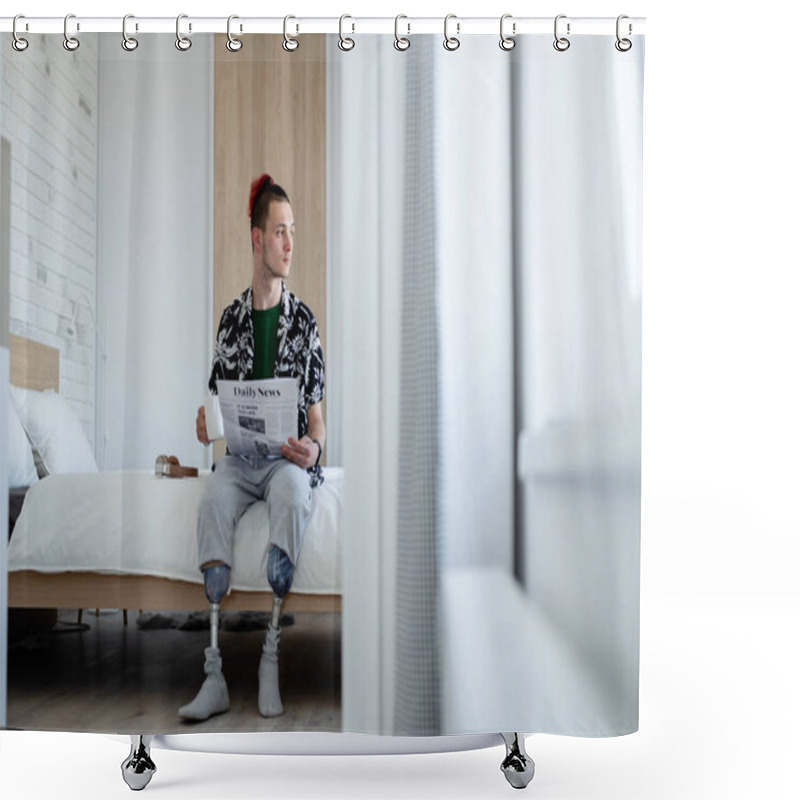 Personality  Portrait Of Disabled Young Man Reading Newspapers On Bed Indoors At Home, Leg Prosthetic Concept. Shower Curtains