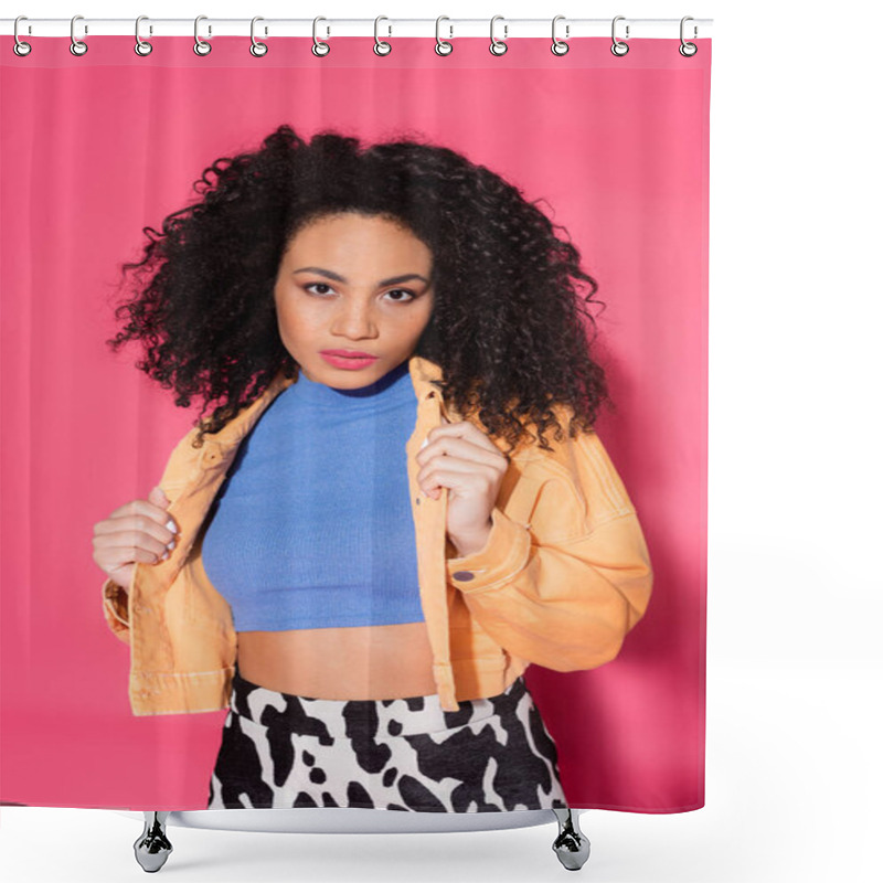 Personality  Stylish African American Woman In Crop Top And Jacket On Pink  Shower Curtains