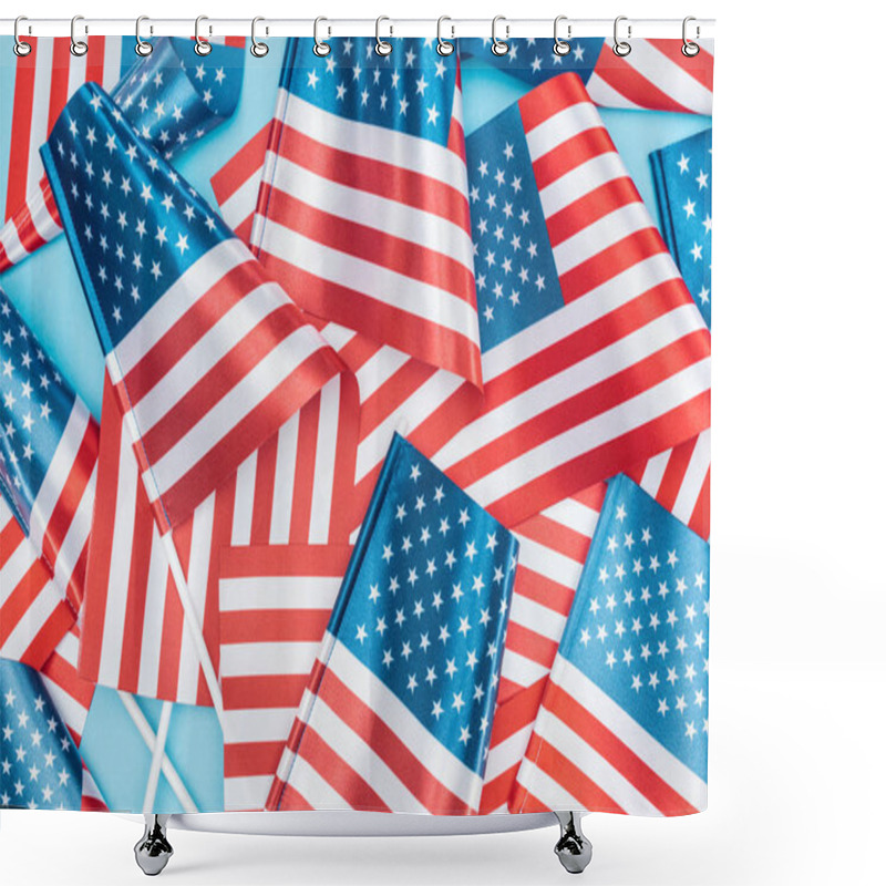 Personality  Top View Of National American Flags On Sticks Scattered On Blue Background Shower Curtains