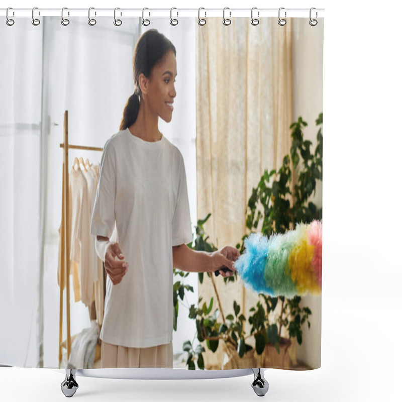 Personality  A Young African American Woman Cheerfully Tackles Her Cleaning Chores In A Bright Apartment. Shower Curtains