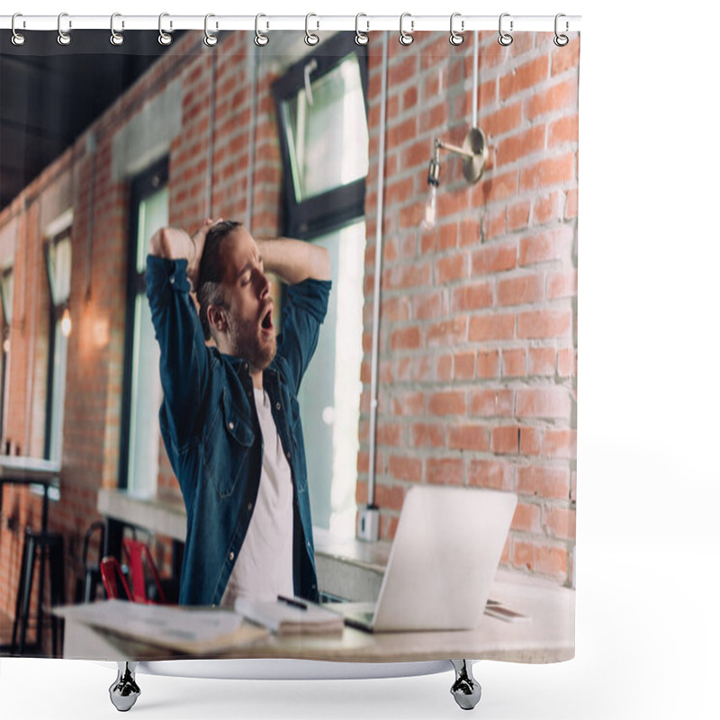 Personality  Selective Focus Of Tired Businessman Yawning Near Laptop In Office  Shower Curtains