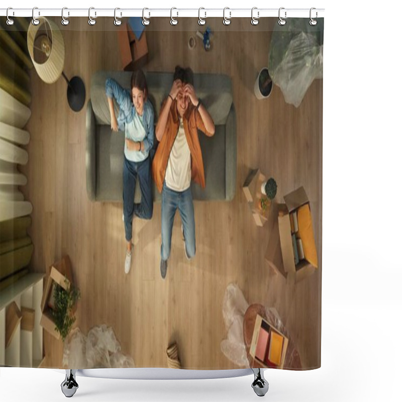 Personality  Housewarming And Renting Advertisement Concept. Moving And Relocation. Top View Of Apartment Living Room. Man And Woman Sitting On The Sofa In Room With Packed Boxes, Tired An Happy Look. Shower Curtains