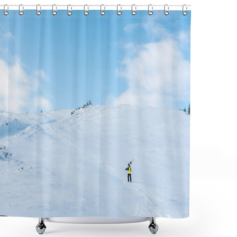 Personality  Sportsman In Helmet Walking With Ski Sticks On White Snow In Mountains  Shower Curtains