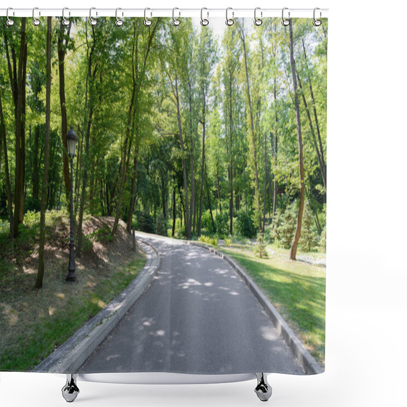 Personality  Scenic View Of Asphalt Path In Park With Tress Under Sunlight  Shower Curtains