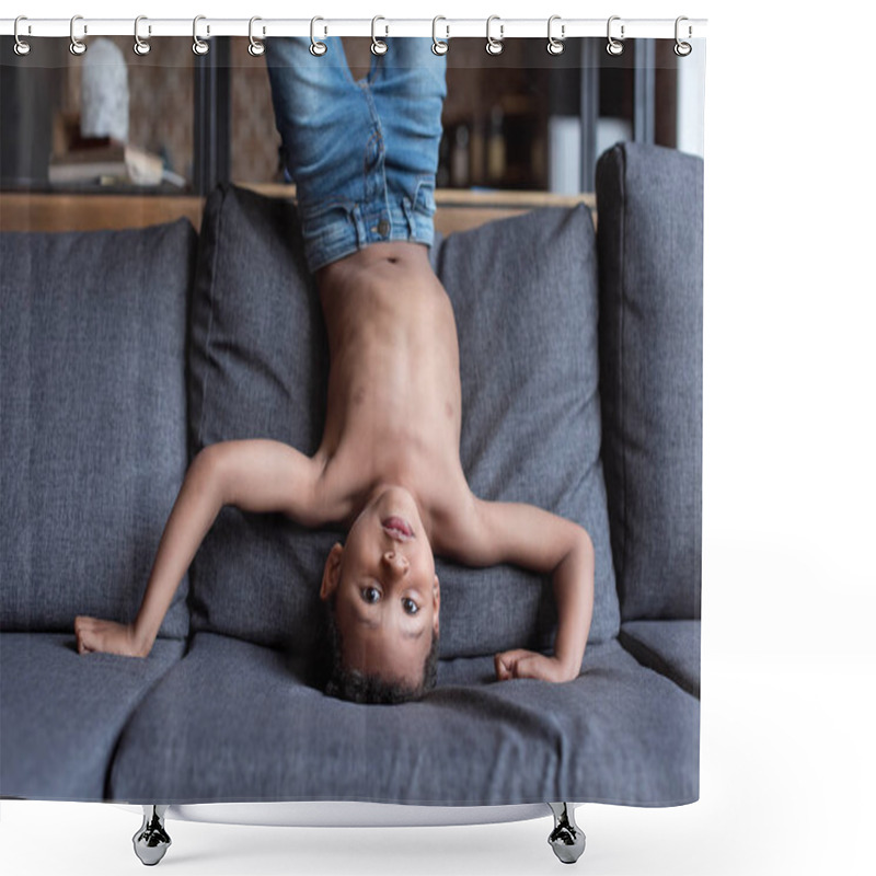 Personality  Kid Standing Upside Down On Sofa Shower Curtains