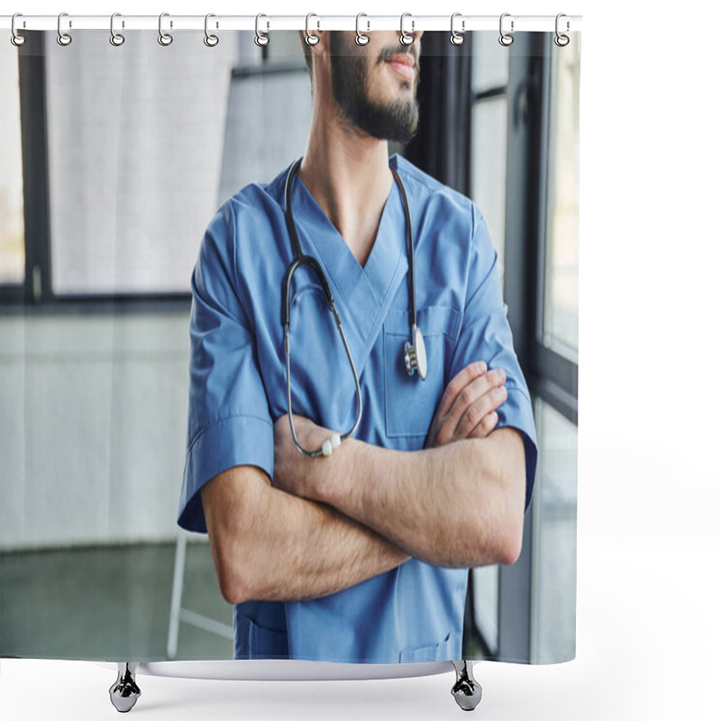 Personality  Partial View Of Professional Bearded Medical Instructor In Blue Uniform Standing With Crossed Arms And Stethoscope On Neck In Hospital, First Aid Training Seminar And Emergency Preparedness Concept Shower Curtains