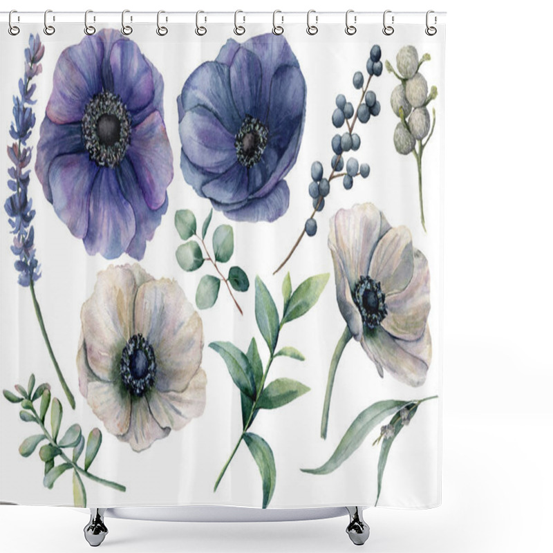 Personality  Watercolor White And Blue Floral Set. Hand Painted Blue And White Anemone, Brunia Berry, Eucalyptus Leaves, Lavender, Succulent Isolated On White Background. Illustration For Design, Print Or Fabric. Shower Curtains