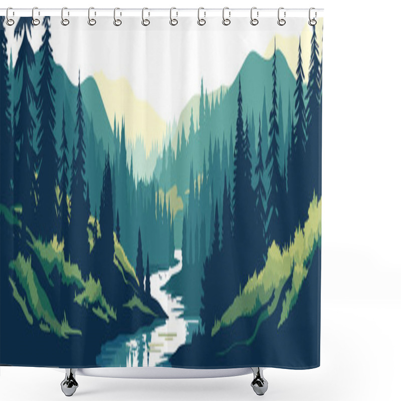 Personality  Scenic River Through Forested Hills Isolated Vector Style Illustration Shower Curtains