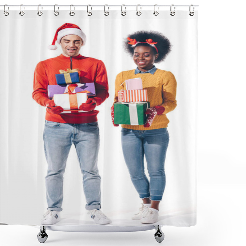 Personality  Multiethnic Couple In Santa Hat And Deer Horns Holding Christmas Gifts, Isolated On White Shower Curtains