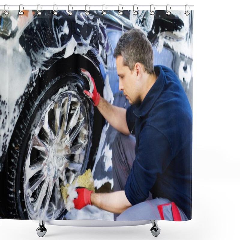 Personality  Man Worker Washing Car's Alloy Wheels On A Car Wash  Shower Curtains