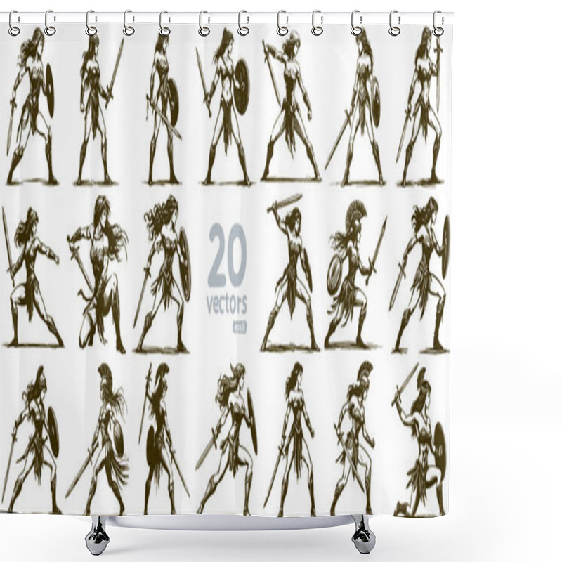 Personality  Woman Warrior With A Sword In A Fighting Stance Collection Of Monochrome Vector Drawings Shower Curtains