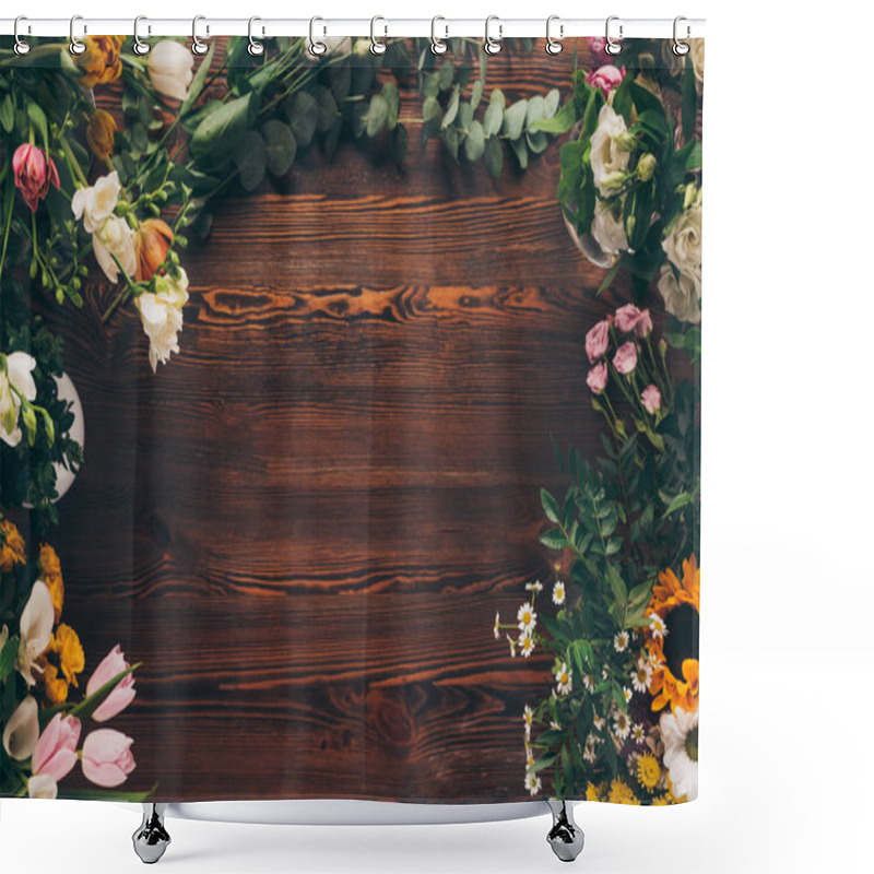 Personality  Top View Of Flowers On Brown Table Shower Curtains