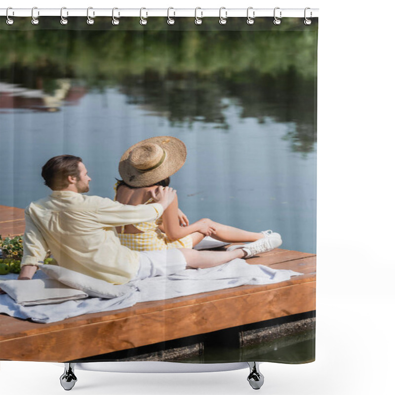 Personality  Bearded Man And Woman In Straw Hat Sitting On Pier During Picnic Shower Curtains