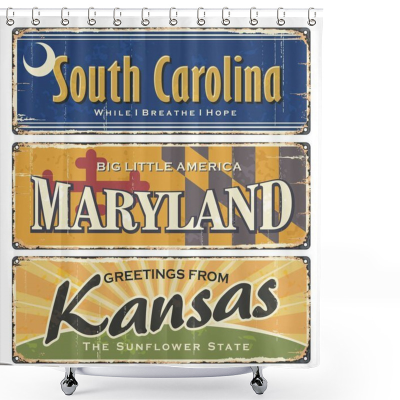 Personality  US.Vintage Tin Sign Collection With America State Name. All States. Retro Souvenirs Or Old Paper Postcard Templates On Rust Background. States Of America. South Carolina. Maryland. Kansas. Shower Curtains