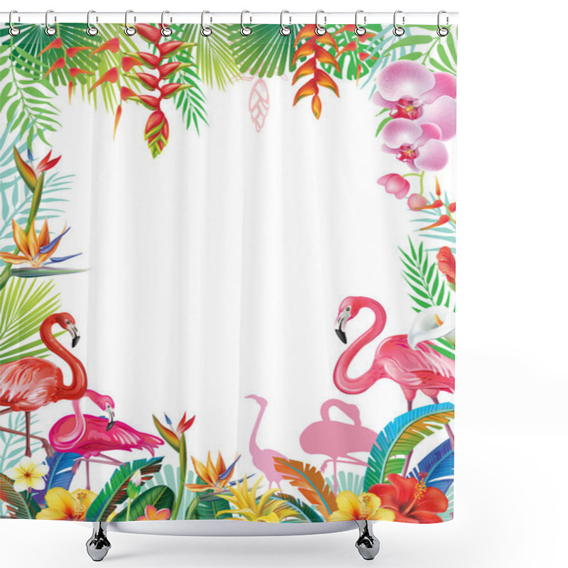 Personality  Frame From Tropical Flowers, Leaves And Flamingoes Shower Curtains