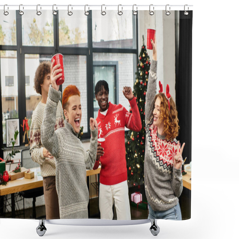 Personality  A Lively Group Of Coworkers Enjoys A Christmas Celebration With Festive Drinks And Dancing. Shower Curtains