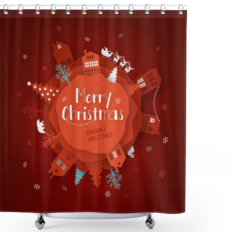 Personality  Merry Christmas Paper Cut Vector Illustration. Greeting Card With Christmas Tree And Paper Cut City. Shower Curtains