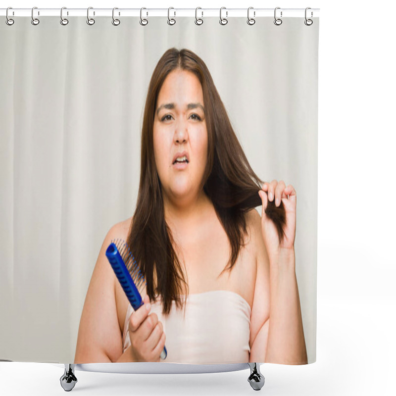 Personality  Sad Upset Plus Size Woman In Her 30s With Damaged Dry Hair Suffering From Split Ends While Brushing Her Hair Making Eye Contact Shower Curtains