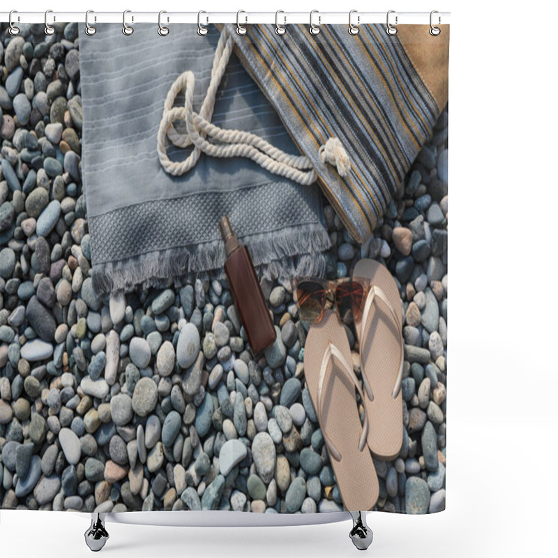 Personality  Stylish Bag, Flip Flops And Spray On Stones Outdoors, Flat Lay. Space For Text Shower Curtains