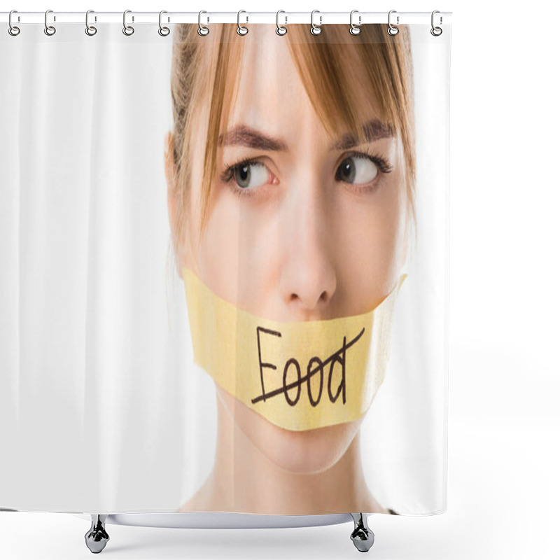 Personality  Young Woman With Stick Tape With Striked Through Word Food Covering Mouth Isolated On White Shower Curtains