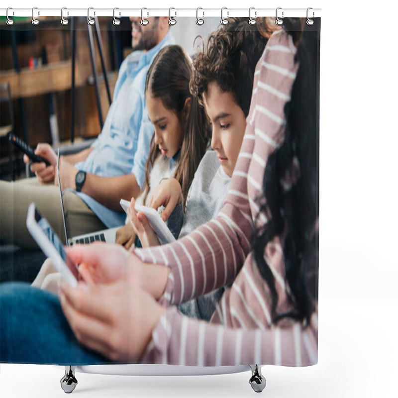 Personality  Selective Focus Of Kids Using Gadgets Near Father And Mother At Home Shower Curtains