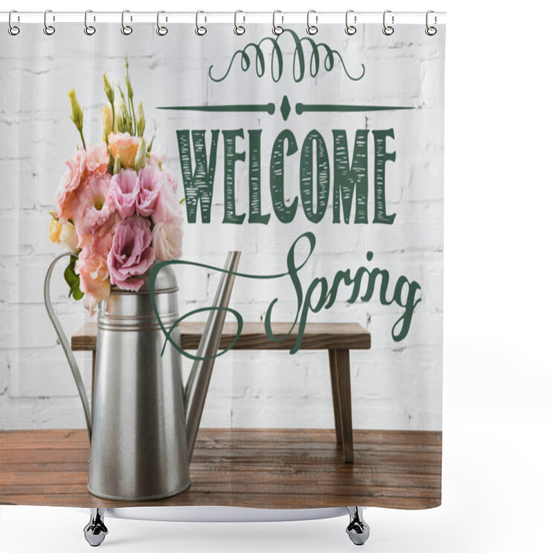 Personality  Beautiful Blooming Flowers In Watering Can And Small Bench On Wooden Surface With WELCOME SPRING Lettering Shower Curtains