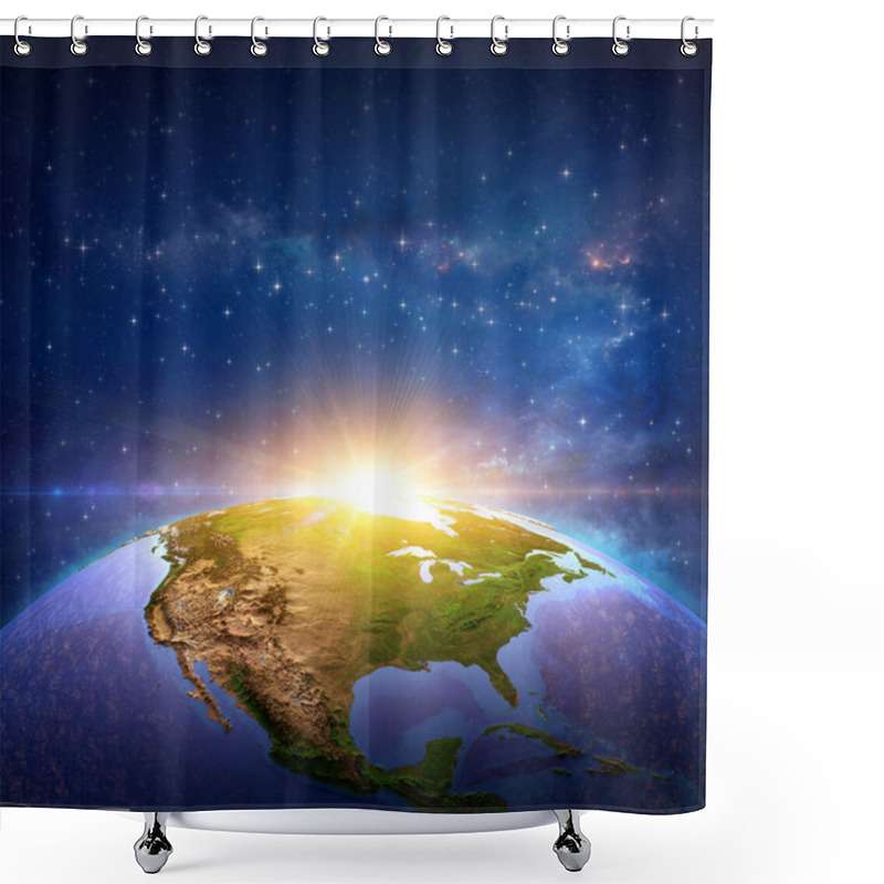 Personality  Surface Of Planet Earth, Space View Of The World Focused On The United States Of America USA. Sun Rising On The Horizon, Star Cluster And Nebula Shining Far Behind. 3D Illustration - Elements Of This Image Furnished By NASA Shower Curtains