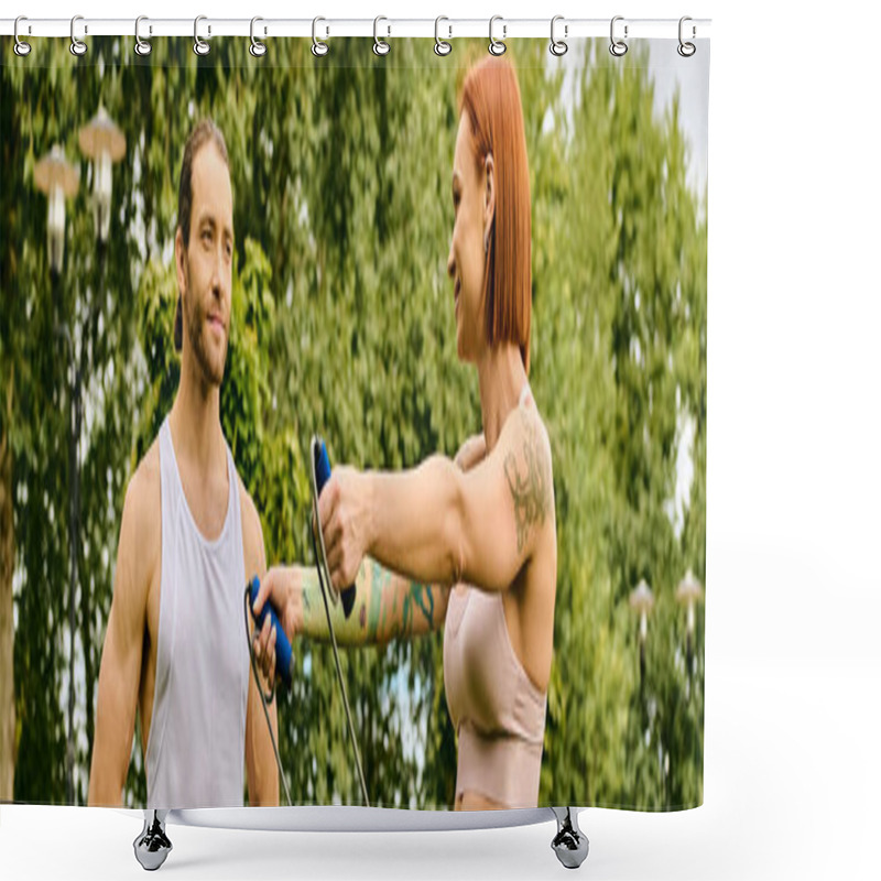 Personality  A Woman In Sportswear Engaged In Various Exercises Under The Guidance Of A Personal Trainer In A Lush Park Setting. Shower Curtains