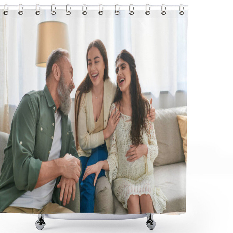 Personality  Cheerful Father Looking Happily At His Pregnant Daughter And Her Cheerful Partner, Ivf Concept Shower Curtains