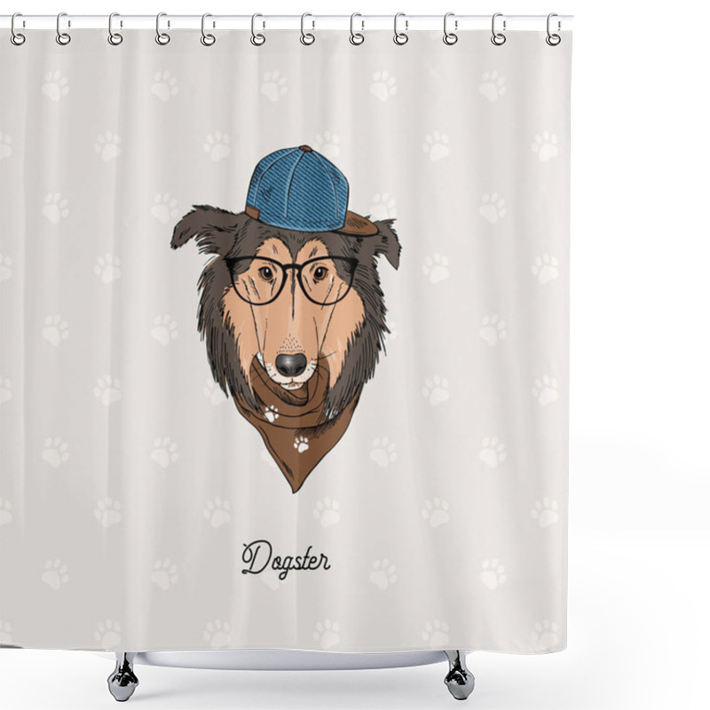 Personality  Collie Dog Portrait In Bandana And Cap Shower Curtains