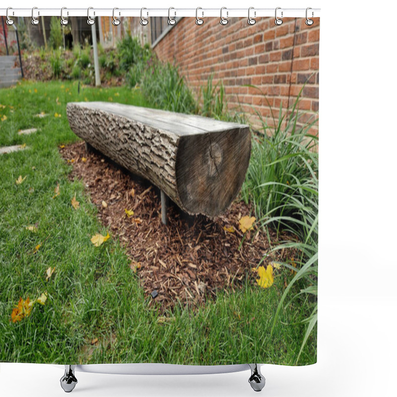 Personality  Halved Trunks With Bark Serve As Park Benches. Stepoing Stones Around In The Lawn And Gabion Wall Garden Yard Shower Curtains