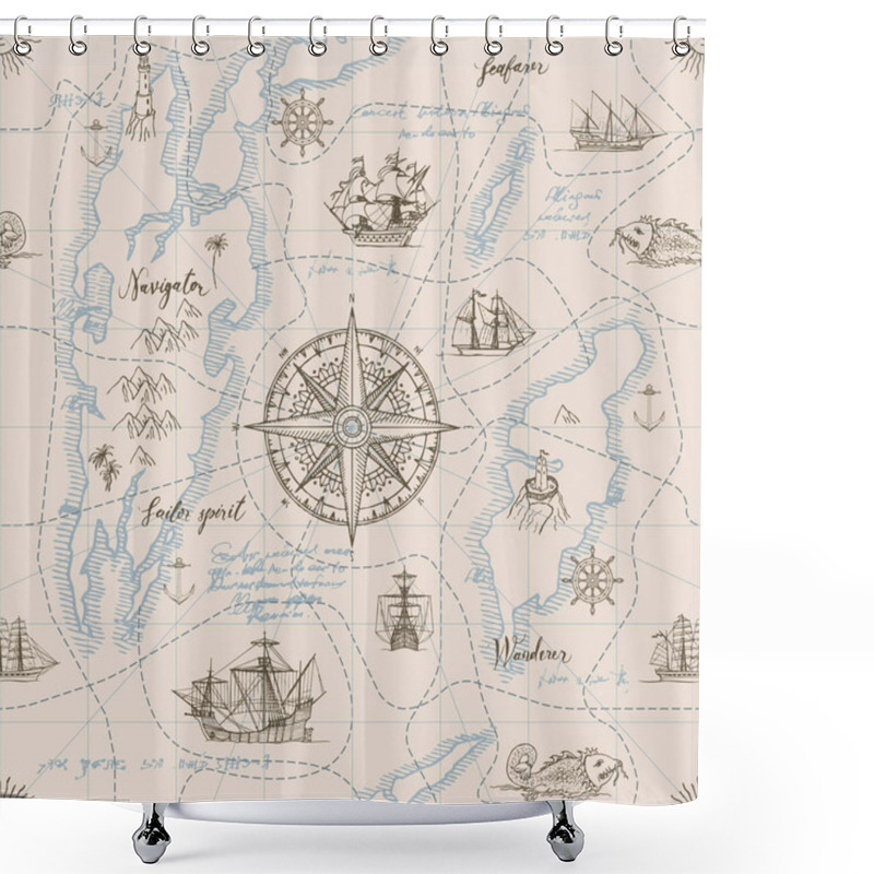 Personality  Vector Abstract Seamless Background On The Theme Of Travel, Adventure And Discovery. Old Hand Drawn Map With Vintage Sailing Yachts, Wind Rose, Routs, Nautical Symbols And Handwritten Inscriptions Shower Curtains