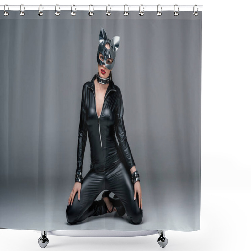 Personality  Kinky Woman In Sexy Costume And Mask On Grey Background Shower Curtains