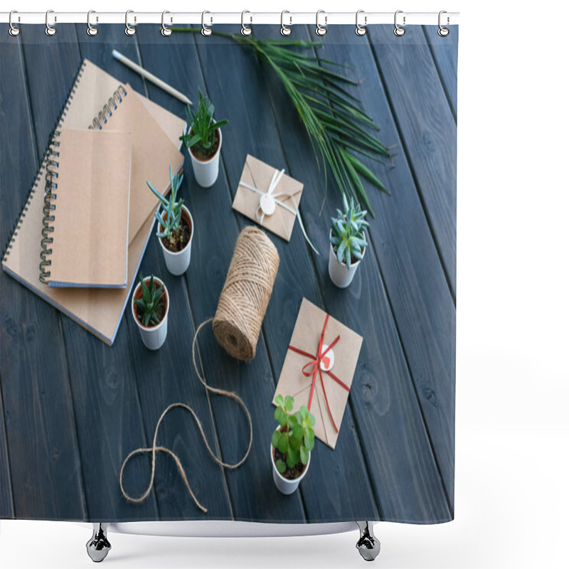 Personality  High Angle View Of Succulents In Pots, Notebooks, Palm Leaf, Rope And Envelopes On Table Top Shower Curtains