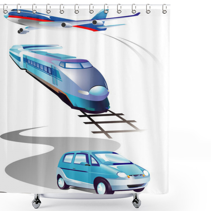 Personality  Set Of Vehicles: Plane, Car, Train. Over White. Shower Curtains