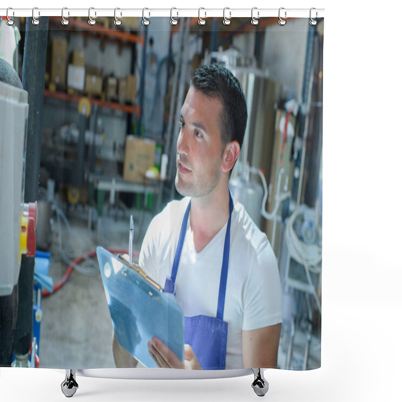 Personality  Attentive Maintainance Worker Writing On Clipboard At Brewery Shower Curtains