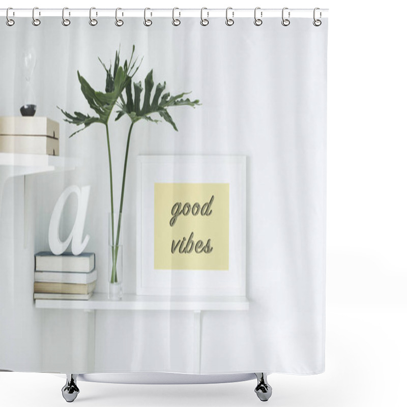 Personality  Bright White Interior Corner With Shelves And Inspirational Phrase In Frame On Wall Shower Curtains