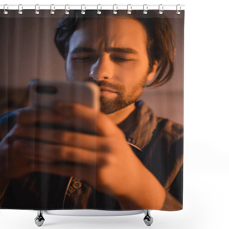 Personality  Bearded Man In Pajama Using Smartphone In Bedroom  Shower Curtains