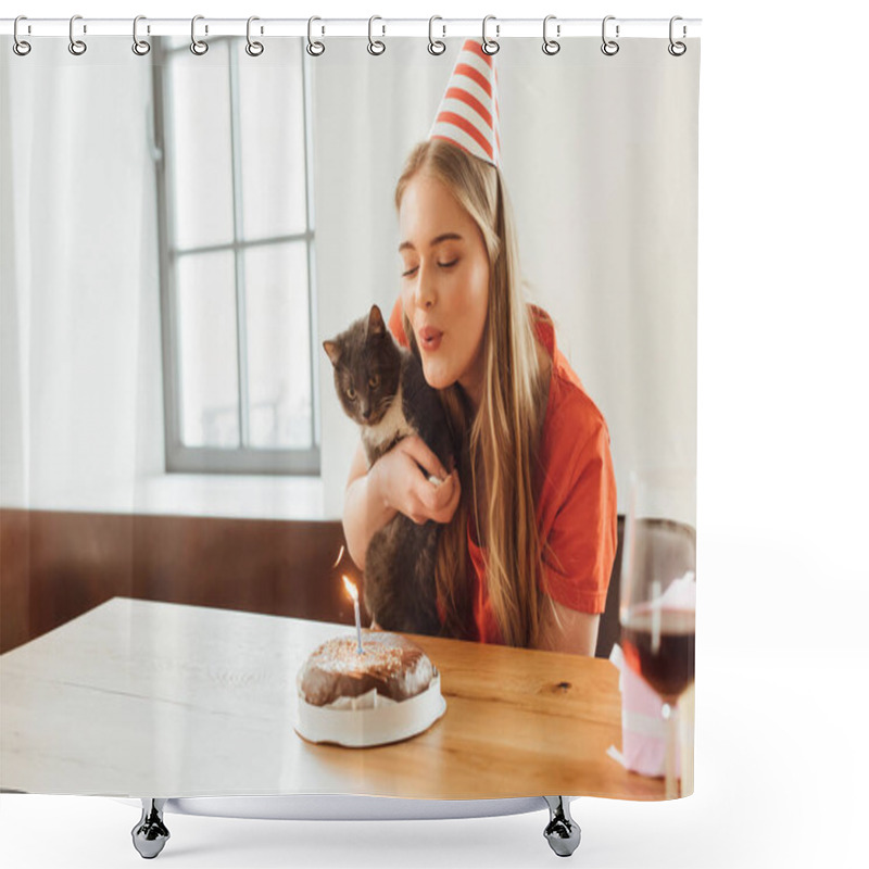 Personality  Selective Focus Of Girl Blowing Out Candle On Birthday Cake And Holding In Arms Cute Cat  Shower Curtains