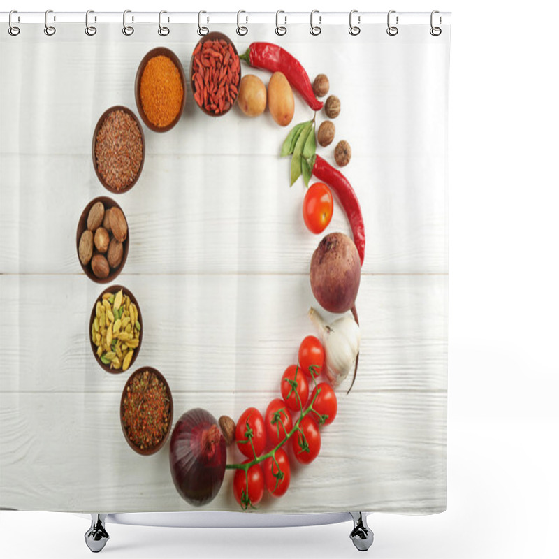 Personality  Vegetables And Spices On Wooden Table Shower Curtains