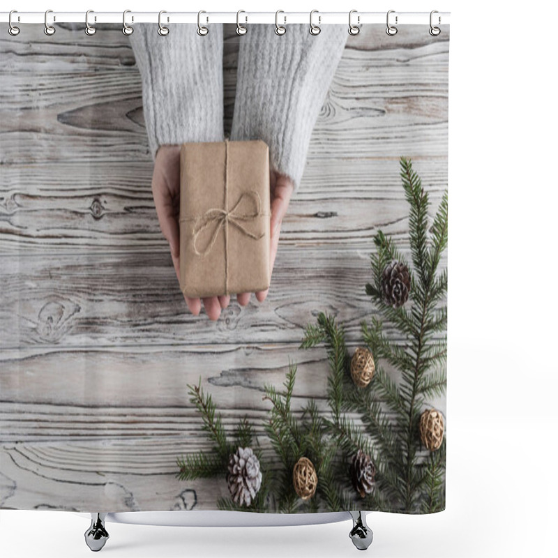 Personality  Female Packing Gifts. Cardboard Box In Craft Paper, Christmas Rope And Tree On The Rustic Wood Planks Background. DIY. Shower Curtains