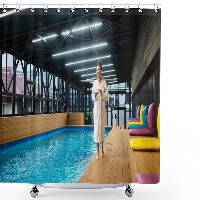 Personality  A Young Chic Woman In A Robe Relaxes By A Peaceful Pool, Embracing Wellness. Shower Curtains